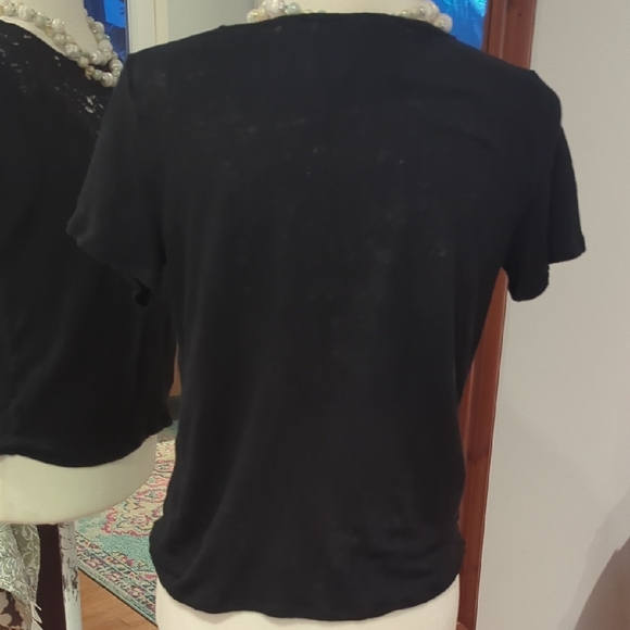 💯 Linen Black Lace Women's Short Sleeve Top - Picture 6 of 7